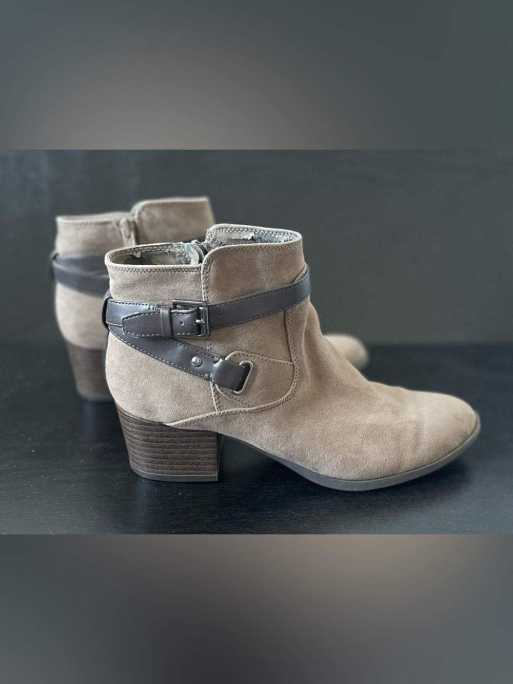 Unisa Taupe Suede Ankle Booties with Dark Brown Buckle Strap
